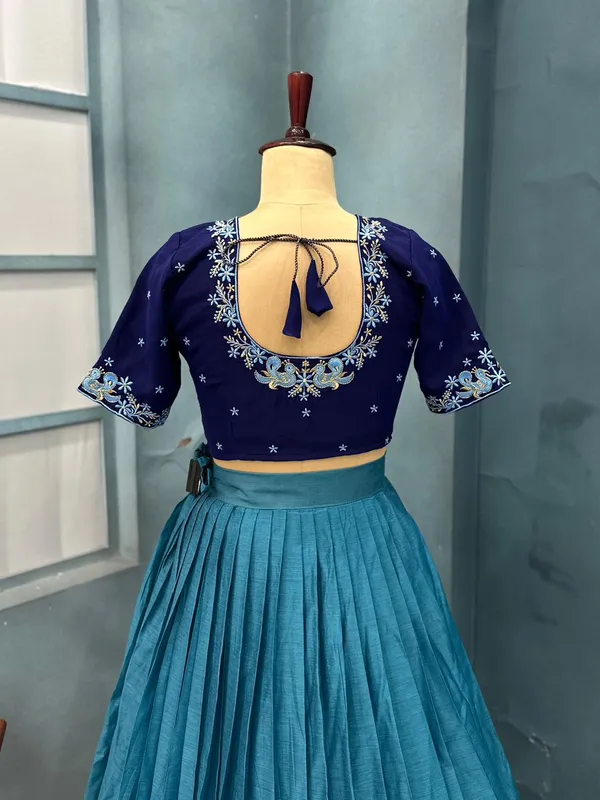 Traditional_firozi_and_blue_Silk_Half_Saree_with_Zari_Woven_Border