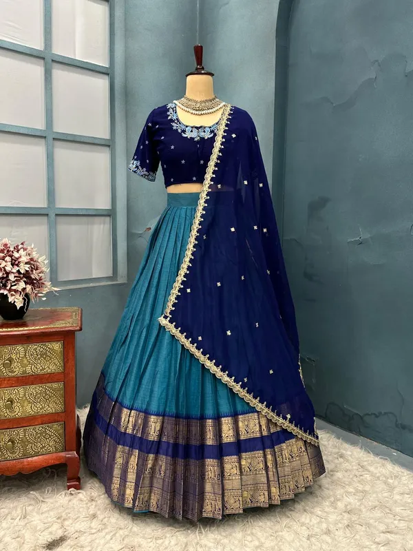 Traditional_firozi_and_blue_Silk_Half_Saree_with_Zari_Woven_Border