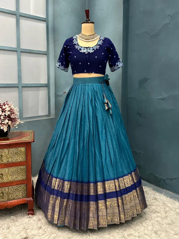 Traditional_firozi_and_blue_Silk_Half_Saree_with_Zari_Woven_Border