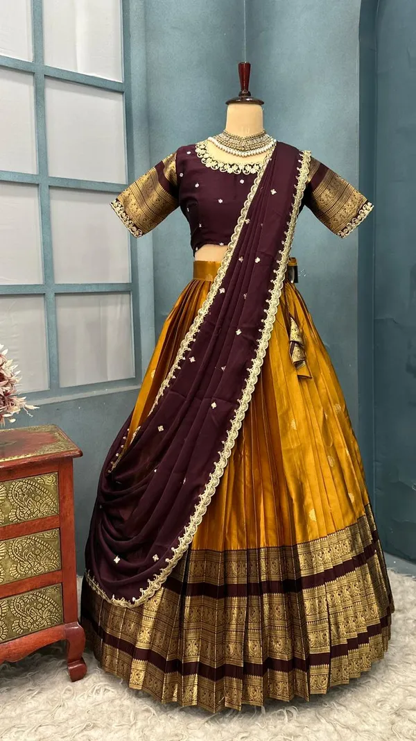 Traditional_yellow__and_Purple_Silk_Half_Saree_with_Zari_Woven_Border