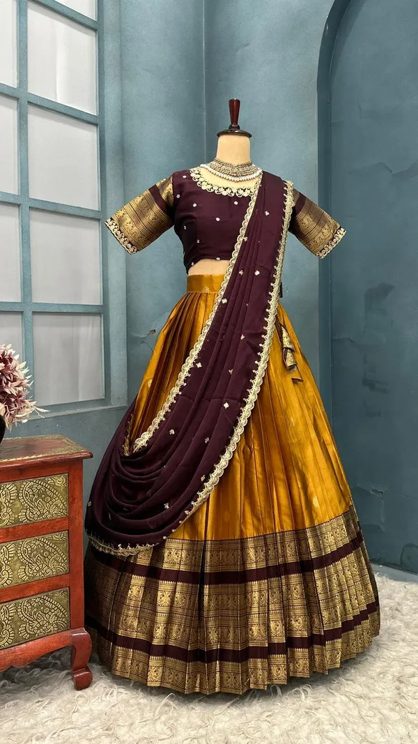 Traditional_yellow__and_Purple_Silk_Half_Saree_with_Zari_Woven_Border