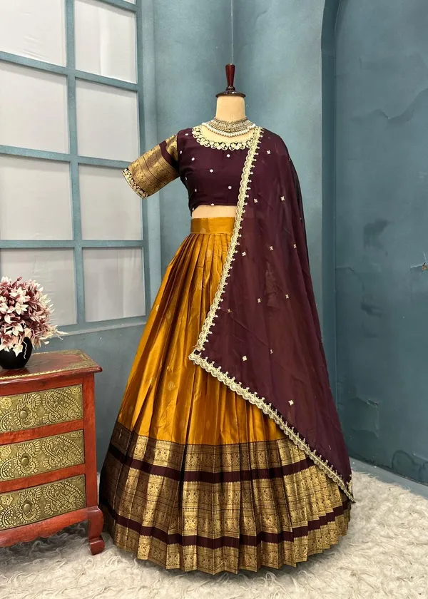 Traditional_yellow__and_Purple_Silk_Half_Saree_with_Zari_Woven_Border