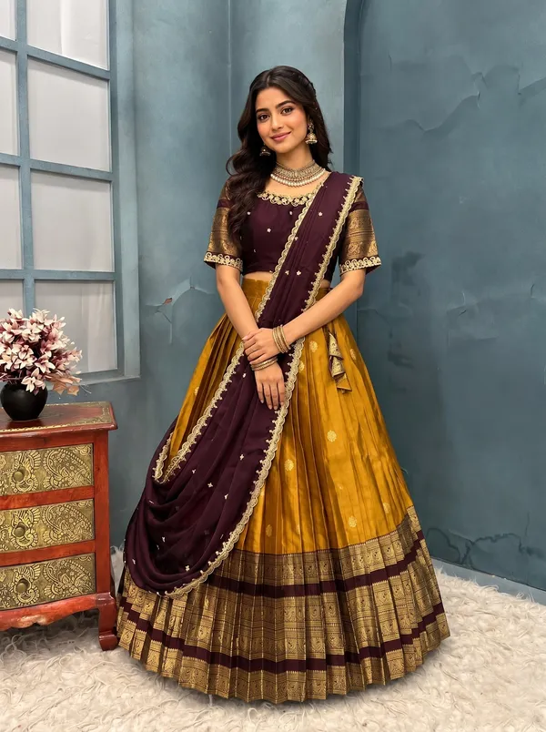 Traditional_yellow__and_Purple_Silk_Half_Saree_with_Zari_Woven_Border