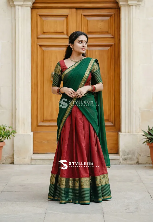 kanjivaram_cotton_half_lehngha_saree_whith_blouse_and_duppata
