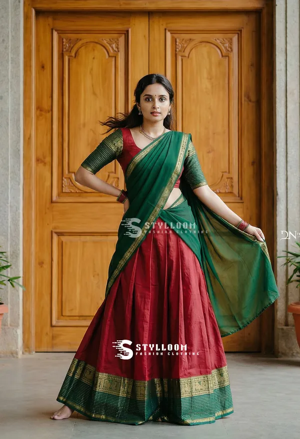 kanjivaram_cotton_half_lehngha_saree_whith_blouse_and_duppata