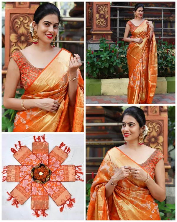 Fancy_Orange_Banarasi_Soft_Lichi_Designer_Silk_Saree_With_Jacquard_Work_With_Unstitched_Blouse_Piece_For_Women