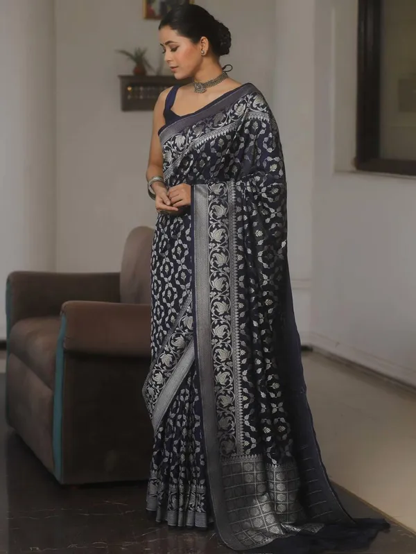 Nevy_Blue_Banarasi_Soft_Lichi_Designer_Silk_Saree_With_Unstitched_Blouse_Piece_For_Women