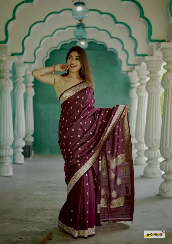 Wine_Cotton_Designer_Silk_Saree_With_Unstitched_Blouse_Piece_For_Women