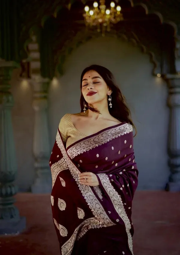 Wine_Cotton_Designer_Silk_Saree_With_Unstitched_Blouse_Piece_For_Women