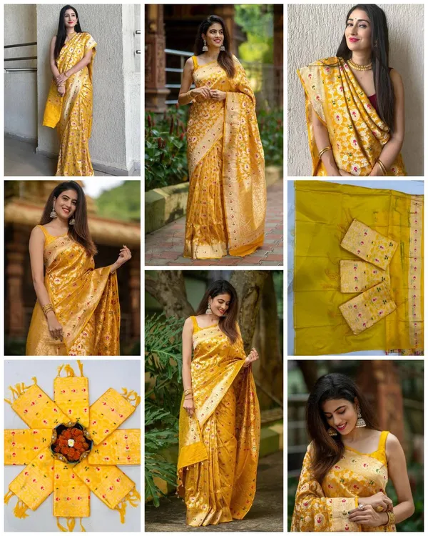 Exclusive_Yellow_Banarasi_Soft_Lichi_Designer_Silk_Saree_With_Jacquard_Work_With_Unstitched_Blouse_Piece_For_Women