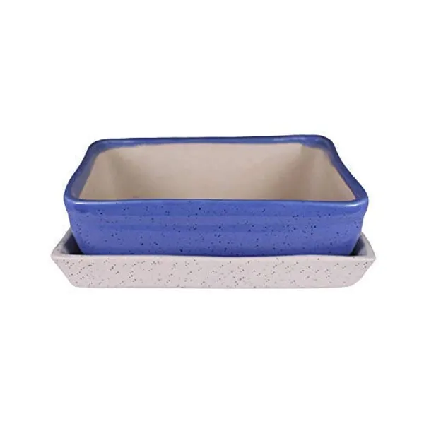 Lasaki_Rectangle_with_Tray_Plate_Ceramic_for_Indoor_Plants,Planters,Flower,gamla_for_Indoor,Outdoor,Balcony,Home,Garden,Office_Decor,Bonsai,Succulent_Pot(Blue,Plate:White)_rec003(Plants_not_Included)