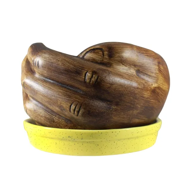 Hand_With_Plate_Tray_Ceramic_Pots_For_Indoor_Plants,Planters,Flower,Gamla,Outdoor,Balcony,Home,Garden,Office_Decor,Bonsai,Succulent(Antique,Plate:Yellow)(L:18_Cm,W:16_Cm,H:9_Cm)