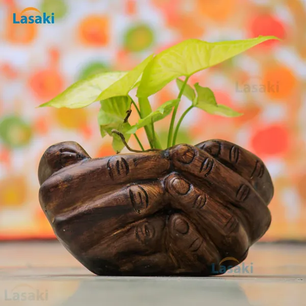 Hand_With_Plate_Tray_Ceramic_Pots_For_Indoor_Plants,Planters,Flower,Gamla,Outdoor,Balcony,Home,Garden,Office_Decor,Bonsai,Succulent(Antique,Plate:Yellow)(L:18_Cm,W:16_Cm,H:9_Cm)