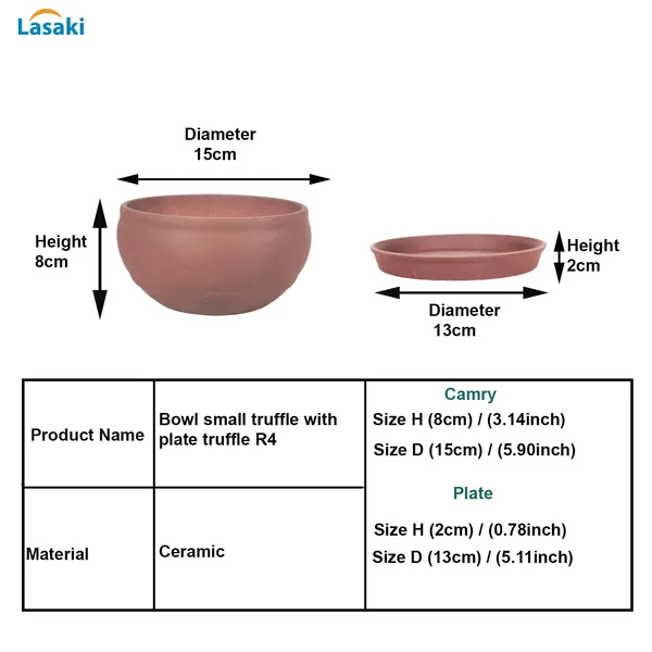 Bowl_Small_Truffle_With_Plate_Truffle_R4_Ceramic_Pots_For_Indoor_Plants,Planters,Flower,Gamla,Outdoor,Home,Garden,Decor,Succulent(Bowl-H-8Cmxd-15Cm,Plate-H-2Xd-13Cm)