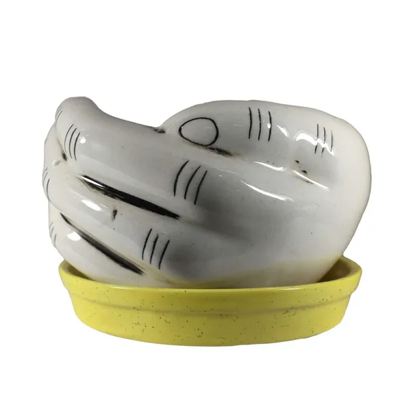 Hand_With_Plate_Tray_Ceramic_Pots_For_Indoor_Plants,Planters,Flower,Gamla,Outdoor,Balcony,Home,Garden,Office_Decor,Bonsai,Succulent(Ivory:_Plate:Yellow)(L:18_Cm,W:16_Cm,H:9_Cm)