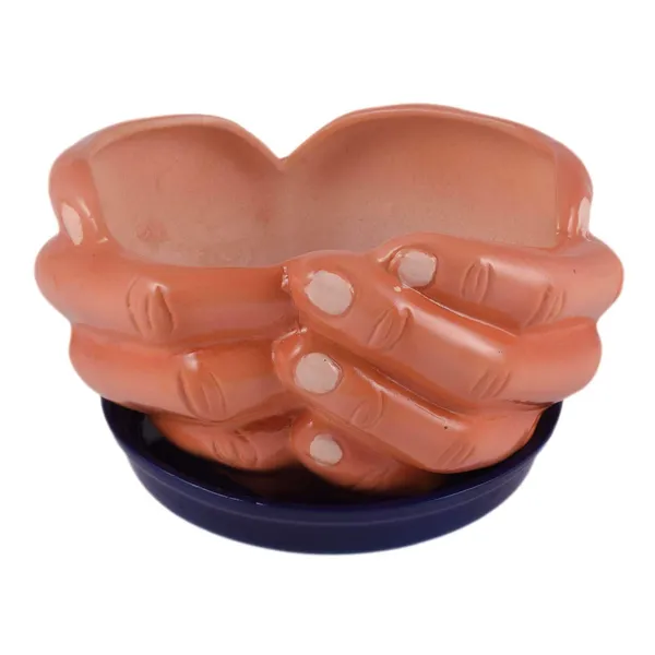 Hand_With_Tray_Plate_Ceramic_Pots_For_Indoor_Plants,Planters,Flower_Pots,Gamla_For_Indoor,Outdoor,Succulent_Pot.(Color:_Hp,Plate:_Blue_Hp)_Cir001