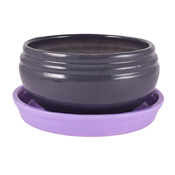 Bowl_Small_With_Tray_Plate_Ceramic_Pots_For_Indoor_Plants,Planters,Flower_Pots,Gamla_For_Indoor,Outdoor,Succulent_Pot(Color:Dark_Grey-Violet)(D:13_Cm,_H:7_Cm)