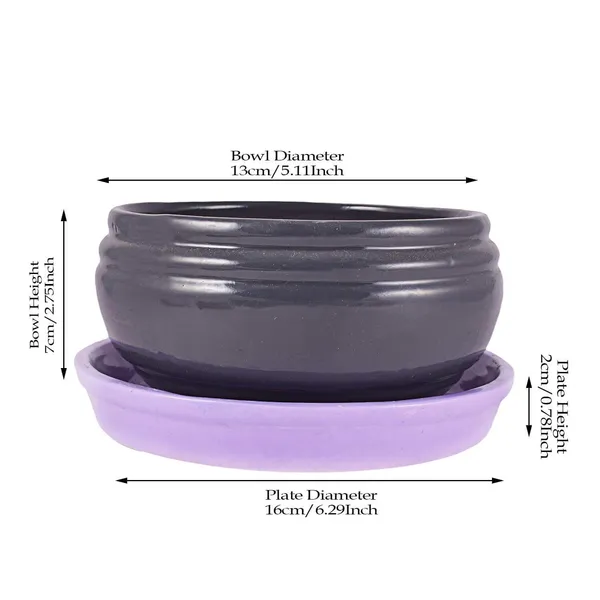 Bowl_Small_With_Tray_Plate_Ceramic_Pots_For_Indoor_Plants,Planters,Flower_Pots,Gamla_For_Indoor,Outdoor,Succulent_Pot(Color:Dark_Grey-Violet)(D:13_Cm,_H:7_Cm)