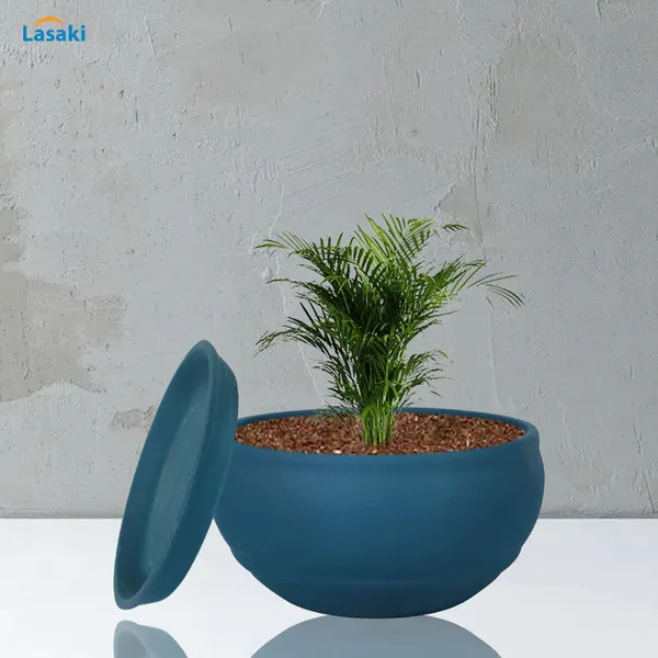 Bowl_Small_Blue_With_Plate_Blue_R4_Ceramic_Pots_For_Indoor_Plants,Planters,Flower,Gamla,Outdoor,Balcony,Home,Garden,Decor,Succulent(Bowl-H-8Cmxd-15Cm,Plate-H-2Xd-13Cm)
