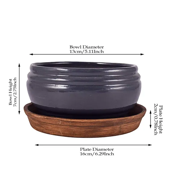 Bowl_Small_With_Tray_Plate_Ceramic_Pots_For_Indoor_Plants,Planters,Flower_Pots,Gamla_For_Indoor,Outdoor,Succulent_Pot.(Color:_Grey-Antique)(D:13_Cm,_H:7_Cm)_Cir001