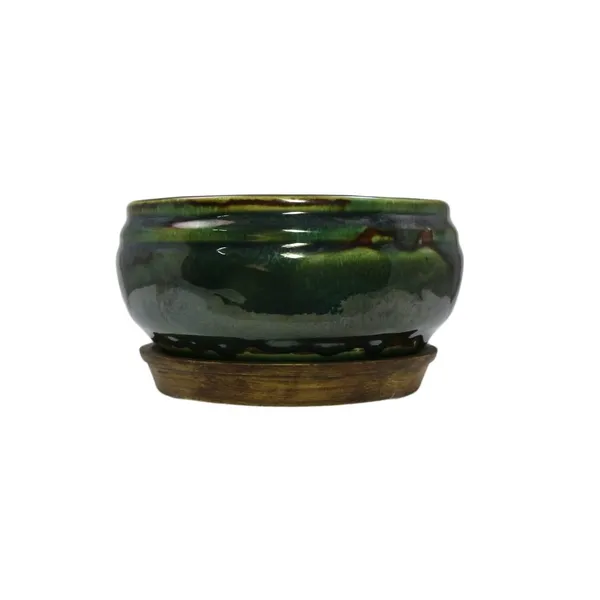 Bowl_With_Tray_Plate_Ceramic_Pots_For_Indoor_Plants,Planters,Flower_Pots,Gamla_For_Indoor,Outdoor,Succulent_Pot(Color:Green_Shine)(Cir002)