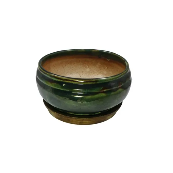 Bowl_With_Tray_Plate_Ceramic_Pots_For_Indoor_Plants,Planters,Flower_Pots,Gamla_For_Indoor,Outdoor,Succulent_Pot(Color:Green_Shine)(Cir002)