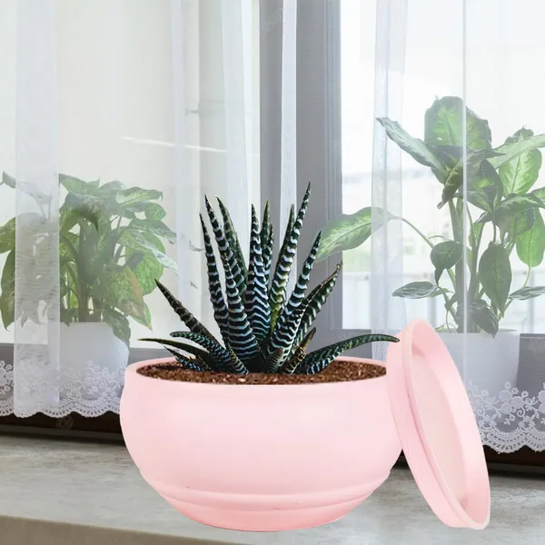 Bowl_Small_Pink_With_Plate_Pink_R4_Ceramic_Pots_For_Indoor_Plants,Planters,Flower,Gamla,Outdoor,Balcony,Home,Garden,Decor,Succulent(Bowl-H-8Cmxd-15Cm,Plate-H-2Xd-13Cm)