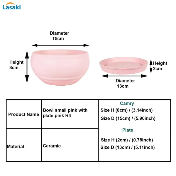 Bowl_Small_Pink_With_Plate_Pink_R4_Ceramic_Pots_For_Indoor_Plants,Planters,Flower,Gamla,Outdoor,Balcony,Home,Garden,Decor,Succulent(Bowl-H-8Cmxd-15Cm,Plate-H-2Xd-13Cm)
