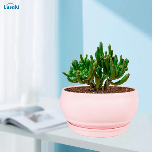 Bowl_Small_Pink_With_Plate_Pink_R4_Ceramic_Pots_For_Indoor_Plants,Planters,Flower,Gamla,Outdoor,Balcony,Home,Garden,Decor,Succulent(Bowl-H-8Cmxd-15Cm,Plate-H-2Xd-13Cm)