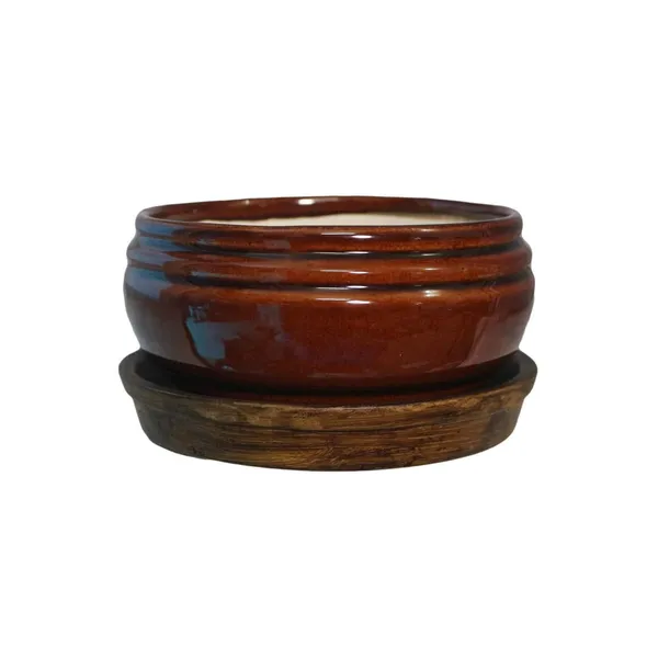 Bowl_With_Tray_Plate_Ceramic_Pots_For_Indoor_Plants,Planters,Flower_Pots,Gamla_For_Indoor,Outdoor,Succulent_Pot(D:13_Cm,_H:7_Cm)_(Color:Red_Brown,_Plate:Antique)