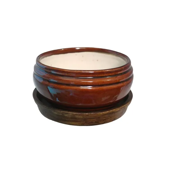 Bowl_With_Tray_Plate_Ceramic_Pots_For_Indoor_Plants,Planters,Flower_Pots,Gamla_For_Indoor,Outdoor,Succulent_Pot(D:13_Cm,_H:7_Cm)_(Color:Red_Brown,_Plate:Antique)