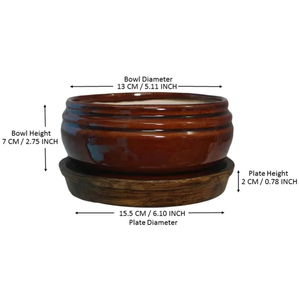 Bowl_With_Tray_Plate_Ceramic_Pots_For_Indoor_Plants,Planters,Flower_Pots,Gamla_For_Indoor,Outdoor,Succulent_Pot(D:13_Cm,_H:7_Cm)_(Color:Red_Brown,_Plate:Antique)