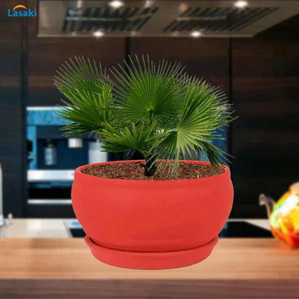 Bowl_Small_Red_With_Plate_Red_R4_Ceramic_Pots_For_Indoor_Plants,Planters,Flower,Gamla,Outdoor,Balcony,Home,Garden,Decor,Succulent(Bowl-H-8Cmxd-15Cm,Plate-H-2Xd-13Cm)