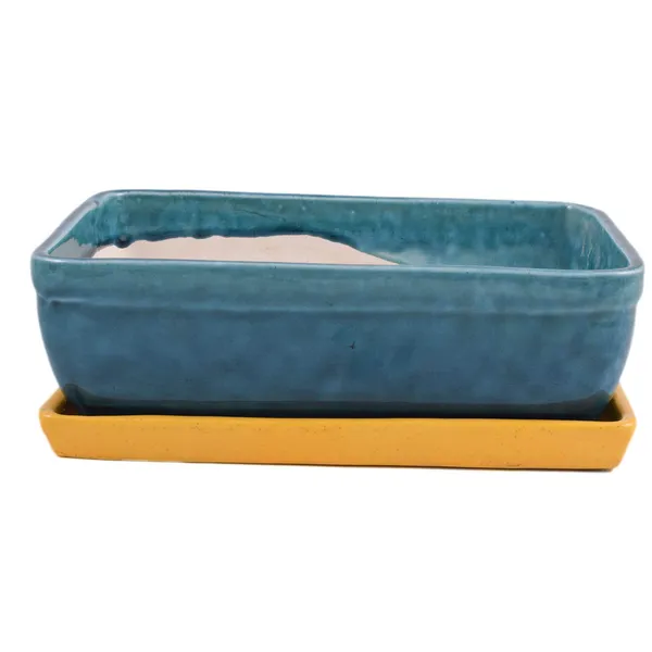 Rectangle_With_Plate_Tray_Ceramic_Pots_For_Indoor_Plants,Planters,Flower_Pots,Gamla_For_Indoor,Outdoor,Succulent_Pot.(Color:_Turguoise,Plate:Hp_Yellow)