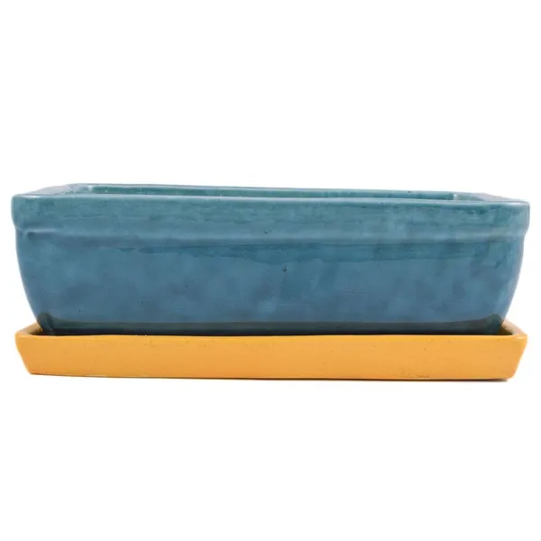 Rectangle_With_Plate_Tray_Ceramic_Pots_For_Indoor_Plants,Planters,Flower_Pots,Gamla_For_Indoor,Outdoor,Succulent_Pot.(Color:_Turguoise,Plate:Hp_Yellow)