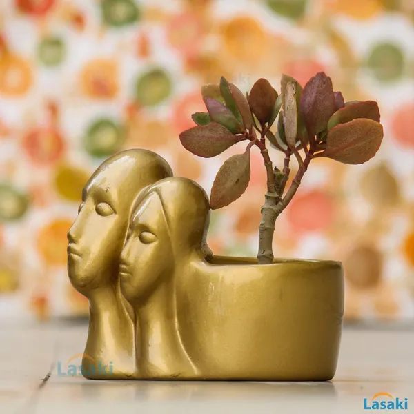 Couple_With_Tray_Plate_Ceramic_For_Indoor_Plants,Planters,Flower,Gamla_For_Indoor,Outdoor,Succulent_Pot.Anniversary_Valentines_Gift_For_Love(Hp_Golden,Plate:Yellow)_Rec003