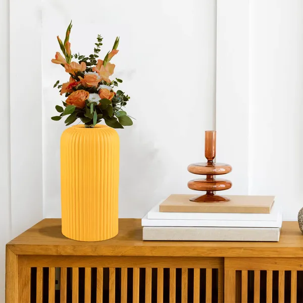 Evelyn_Small_Saffron_Ceramic_Flower_Vase_For_Living_Room,_Bedroom,_Dining_Table,_Home_Decoration_(H_-_15.5_X_D_-_8_Cm,_Saffron)