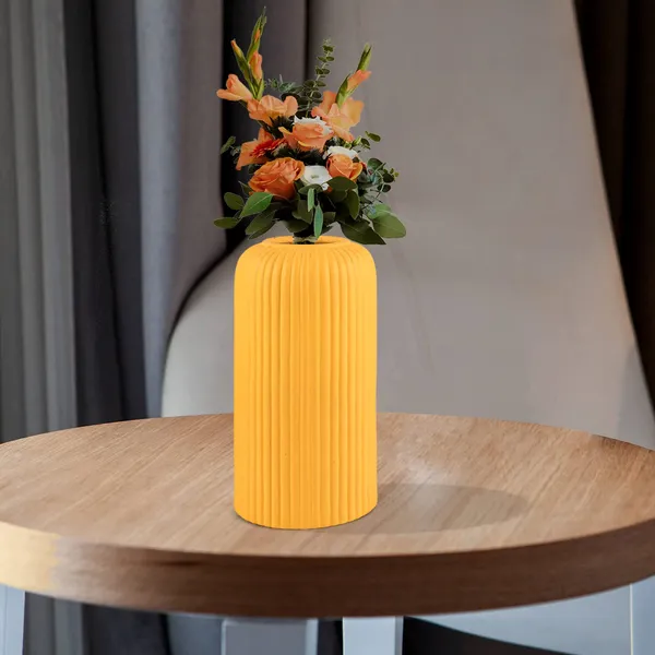 Evelyn_Small_Saffron_Ceramic_Flower_Vase_For_Living_Room,_Bedroom,_Dining_Table,_Home_Decoration_(H_-_15.5_X_D_-_8_Cm,_Saffron)