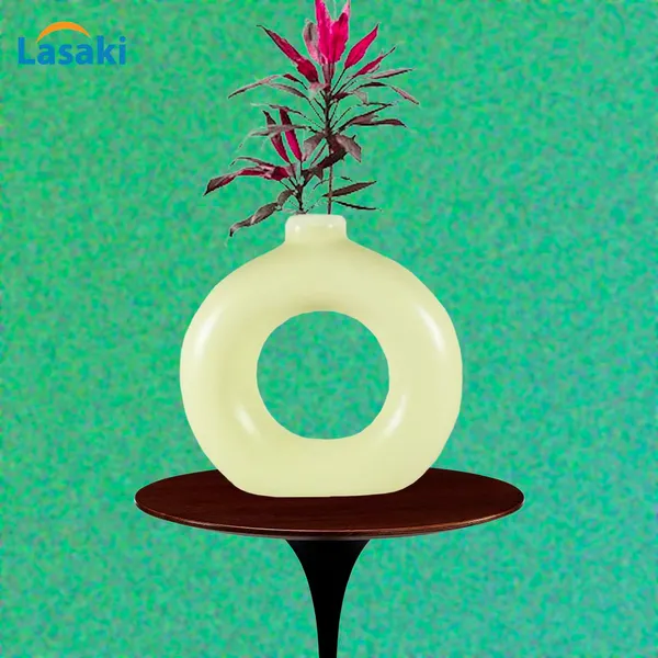 Donut_Vase_6_Inch_Cream_Ceramic_Flower_Vase_For_Living_Room,_Bedroom,_Dining_Table,_Home_Decoration,_Artificial_Flowers_(L_-_14.5_X_W_-_4.5_X_H_-_15_Cm)