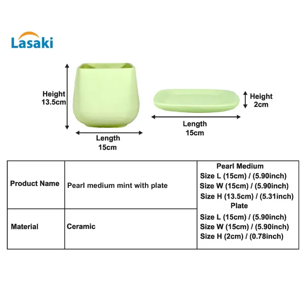 Pearl_Medium_Mint_With_Plate_Ceramic_Pots_For_Indoor_Plants,Planters,Gamla,Outdoor,Balcony,Home,Square,Garden,Office_Decor,Succulent(L-15_X_W-15_X_H-13.5_Cm)