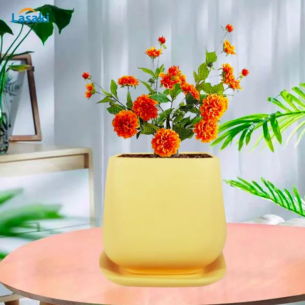 Pearl_Medium_Saffron_With_Plate_Ceramic_Pots_For_Indoor_Plants,Planters,Gamla,Outdoor,Balcony,Home,Square,Garden,Office_Decor,Succulent(L-15_X_W-15_X_H-13.5_Cm)