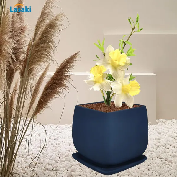 Pearl_Medium_Blue_With_Plate_Ceramic_Pots_For_Indoor_Plants,Planters,Gamla,Outdoor,Balcony,Home,Square,Garden,Office_Decor,Succulent(L-15_X_W-15_X_H-13.5_Cm)