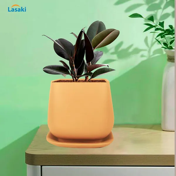 Pearl_Medium_Ginger_With_Plate_Ceramic_Pots_For_Indoor_Plants,Planters,Gamla,Outdoor,Balcony,Home,Square,Garden,Office_Decor,Succulent(L-15_X_W-15_X_H-13.5_Cm)