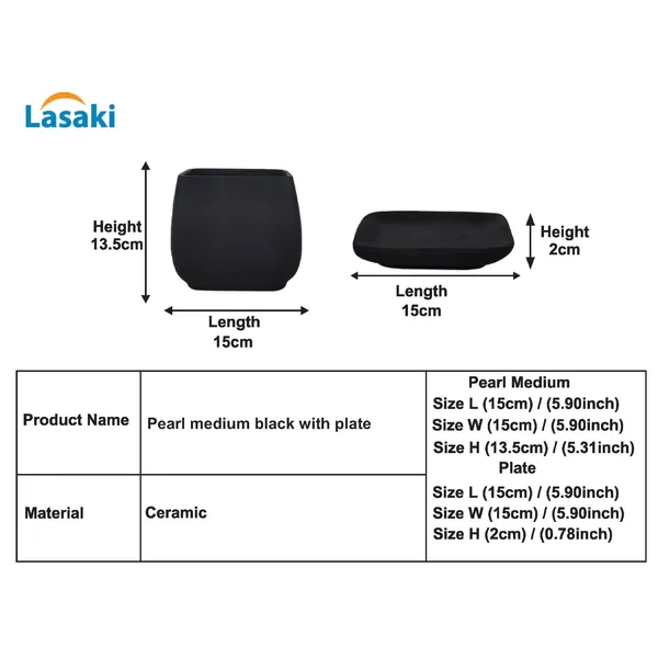 Pearl_Medium_Black_With_Plate_Ceramic_Pots_For_Indoor_Plants,Planters,Gamla,Outdoor,Balcony,Home,Square,Garden,Office_Decor,Succulent(L-15_X_W-15_X_H-13.5_Cm)