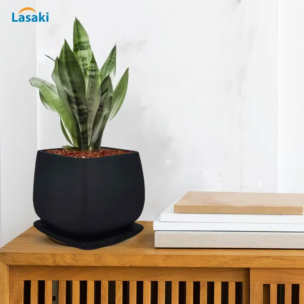 Pearl_Medium_Black_With_Plate_Ceramic_Pots_For_Indoor_Plants,Planters,Gamla,Outdoor,Balcony,Home,Square,Garden,Office_Decor,Succulent(L-15_X_W-15_X_H-13.5_Cm)
