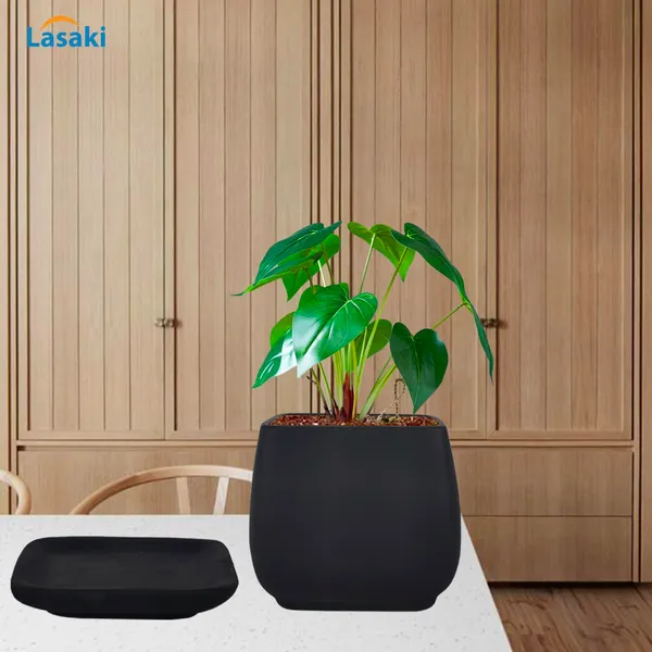 Pearl_Medium_Black_With_Plate_Ceramic_Pots_For_Indoor_Plants,Planters,Gamla,Outdoor,Balcony,Home,Square,Garden,Office_Decor,Succulent(L-15_X_W-15_X_H-13.5_Cm)