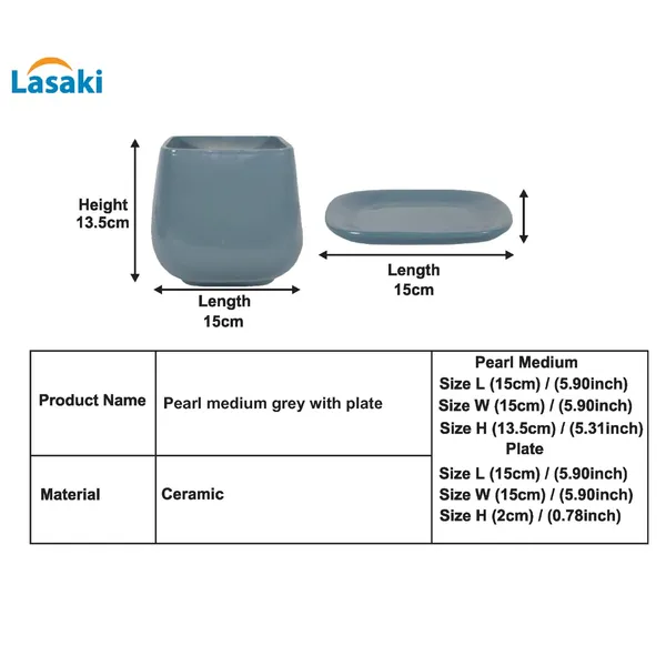 Pearl_Medium_Grey_With_Plate_Ceramic_Pots_For_Indoor_Plants,Planters,Gamla,Outdoor,Balcony,Home,Square,Garden,Office_Decor,Succulent(L-15_X_W-15_X_H-13.5_Cm)