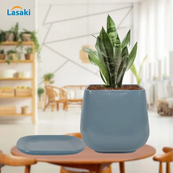 Pearl_Medium_Grey_With_Plate_Ceramic_Pots_For_Indoor_Plants,Planters,Gamla,Outdoor,Balcony,Home,Square,Garden,Office_Decor,Succulent(L-15_X_W-15_X_H-13.5_Cm)
