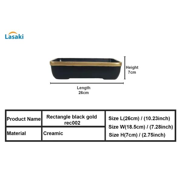 Rectangle_Black_Gold_Rec002_Ceramic_Pots_For_Indoor_Plants,Bonsai,Planters,Gamla,Outdoor,Balcony,Home,Garden,Office_Decor,Succulent(L_-_26_X_W_-_18.5_X_H_-_7_Cm)