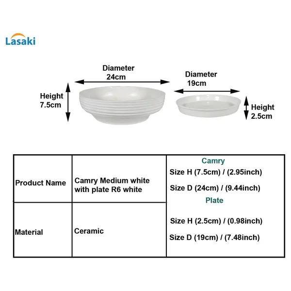 Camry_Medium_White_With_Plate_R6_White_Ceramic_Pots_For_Indoor_Plant,Bonsai,Planters,Gamla,Outdoor,Home,Garden,Succulent(Camry_Medium-H-7.5Cmxd-23Cm,Plate-H-2.5Xd-16)